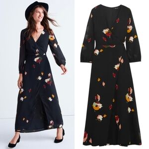 Madewell Black Floral Wrap Jane Georgette Maxi Dress